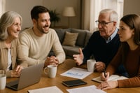 Four family members gathered around a table with laptops and notebooks